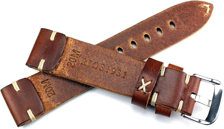 22mm RIOS1931 Handarbeit Deutsch Vintage Lederband Weisse Naht braun