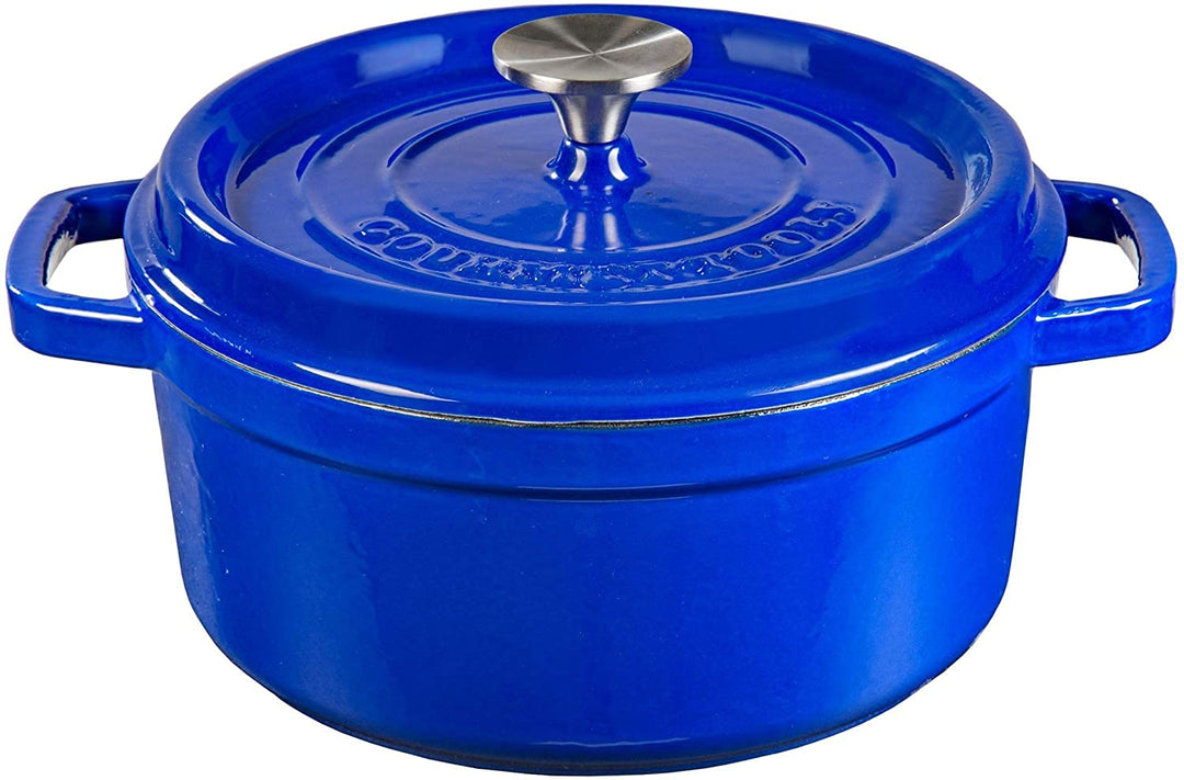 Runder Kochtopf aus Gusseisen mit glasierter Keramikbeschichtung, Cocotte mit Deckel. Gourmet Tools