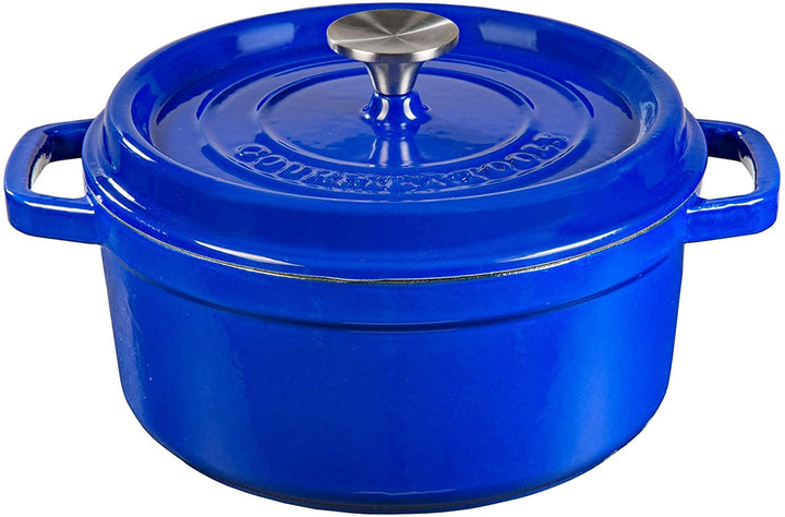 Runder Kochtopf aus Gusseisen mit glasierter Keramikbeschichtung, Cocotte mit Deckel. Gourmet Tools