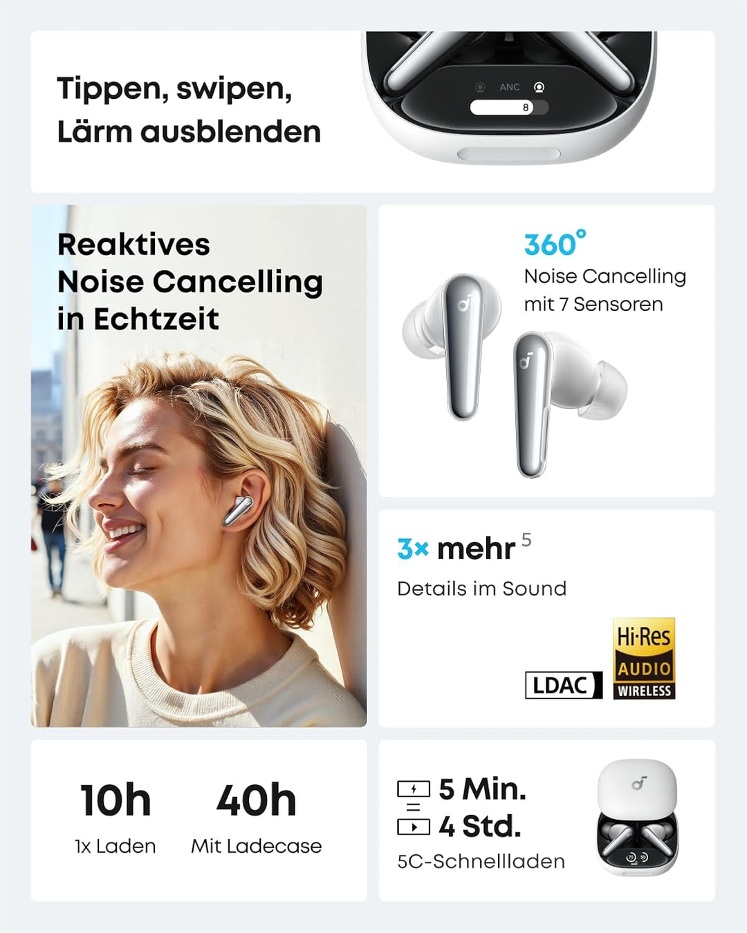 soundcore Liberty 4 Pro von Anker, Kabellose Noise Cancelling Kopfhörer, Earbuds mit 7 Sensoren, ANC