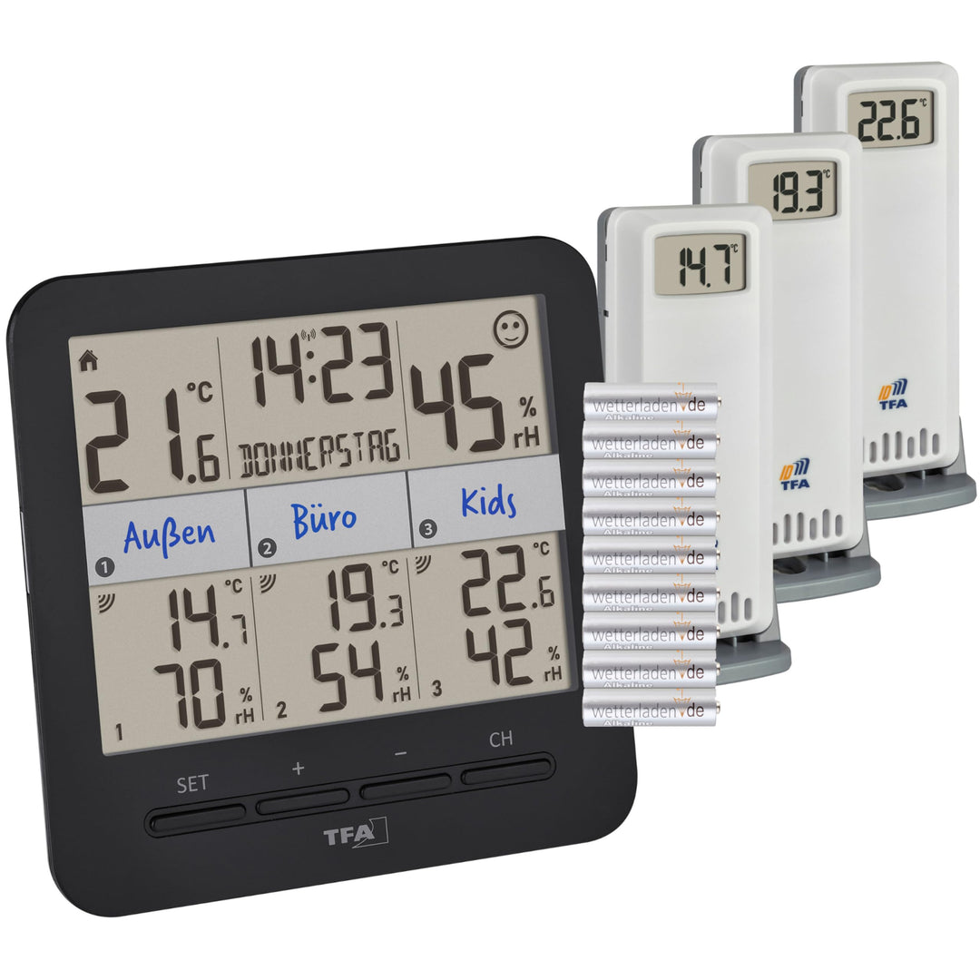 TFA Dostmann Thermo-Hygrometer mit 3 Sendern Klima@Home2, 30.3075.01, Temperatur/Luftfeuchtigkeit in