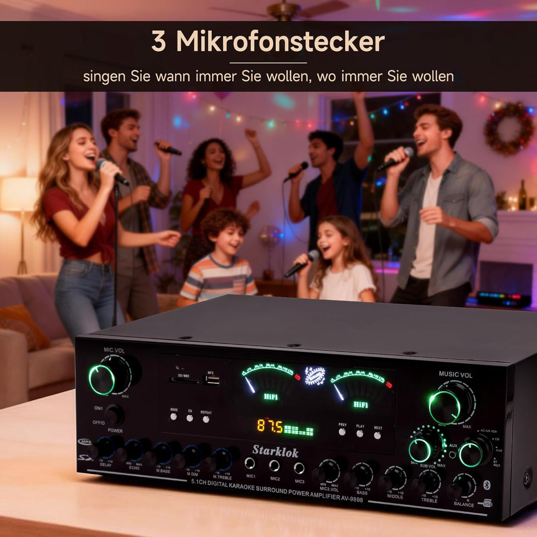 3000W Spitzenleistung 5.1-Channel HiFi Stereo Verstärker, Subwoofer Heimkino Verstärker mit Bluetoot
