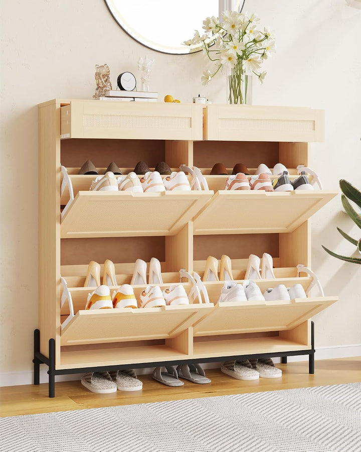 Garvee Rattan Schuhschrank, 4 Klapptüren mit verstellbaren Regalen | Schmaler Rattan Schuhschrank mi
