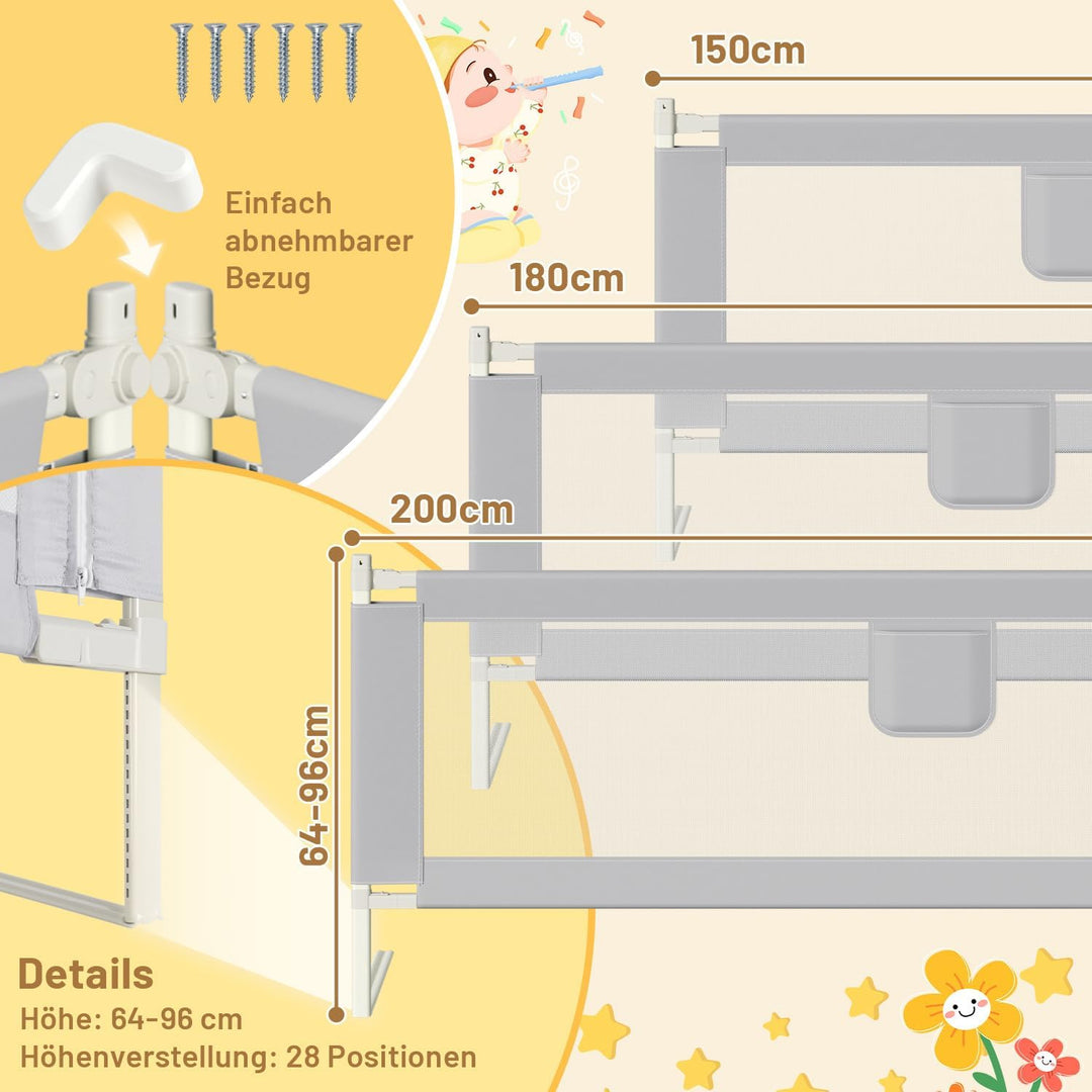 Ikodm Bettgitter Rausfallschutz Bett 200cmx2+180cmx1, Bettschutzgitter höhenverstellbar 64-96 cm für