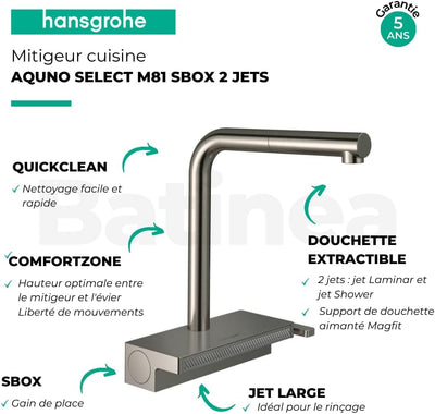 hansgrohe 73830800 Aquno Select M81 250, Ausziehauslauf, 2jet, sBox Edelstahl Finish Einhebel-Küchen