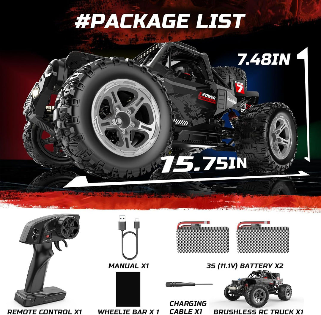 DEERC 207E 1/10 Brushless RC Truck für Erwachsene, 55 KMH schnelles RC Auto, 4WD Elektro-Geländewage