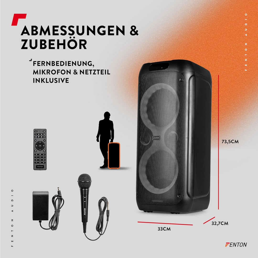 Fenton Core130 Musikbox Bluetooth Gross 180W, Akku 12 Std, Karaoke Mikrofon, BT 5.3, Fernbedienung,