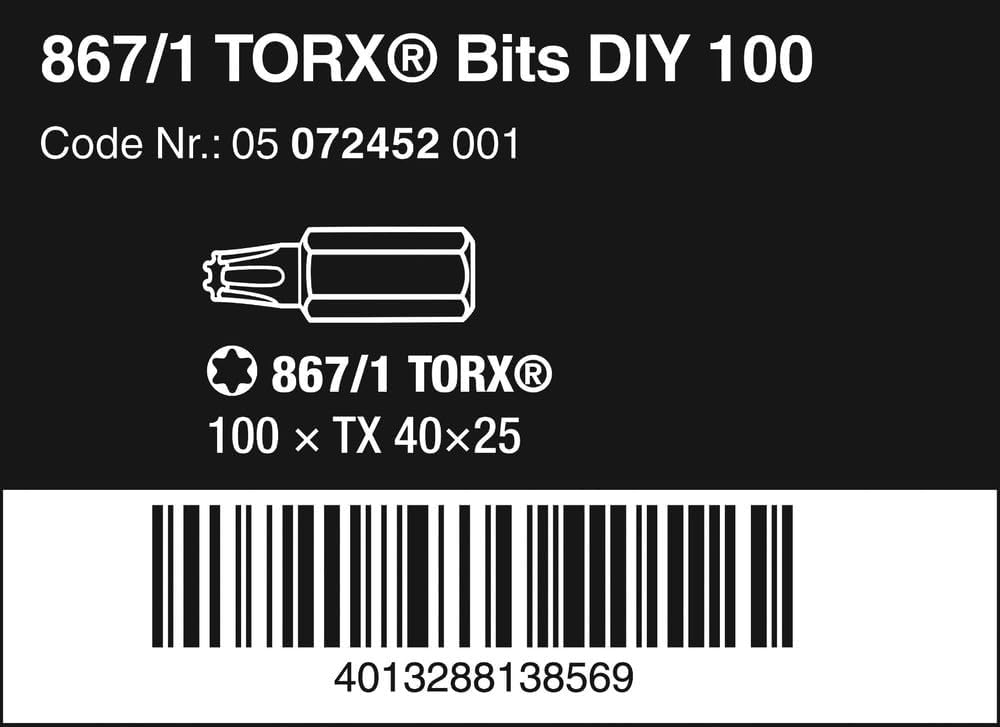 Wera 05072452001 867/1 Z TORX® DIY Bits, TX 40 x 25 mm, 100-teilig, TX 40 x 25