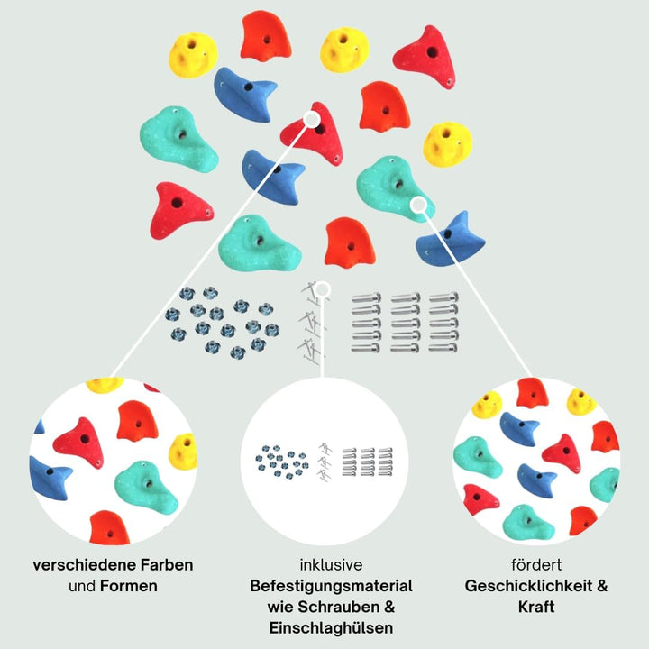 h2i Klettergriffe Kinder & Erwachsene | Klettersteine inkl. Befestigungsmaterial | Bunte Bouldergrif