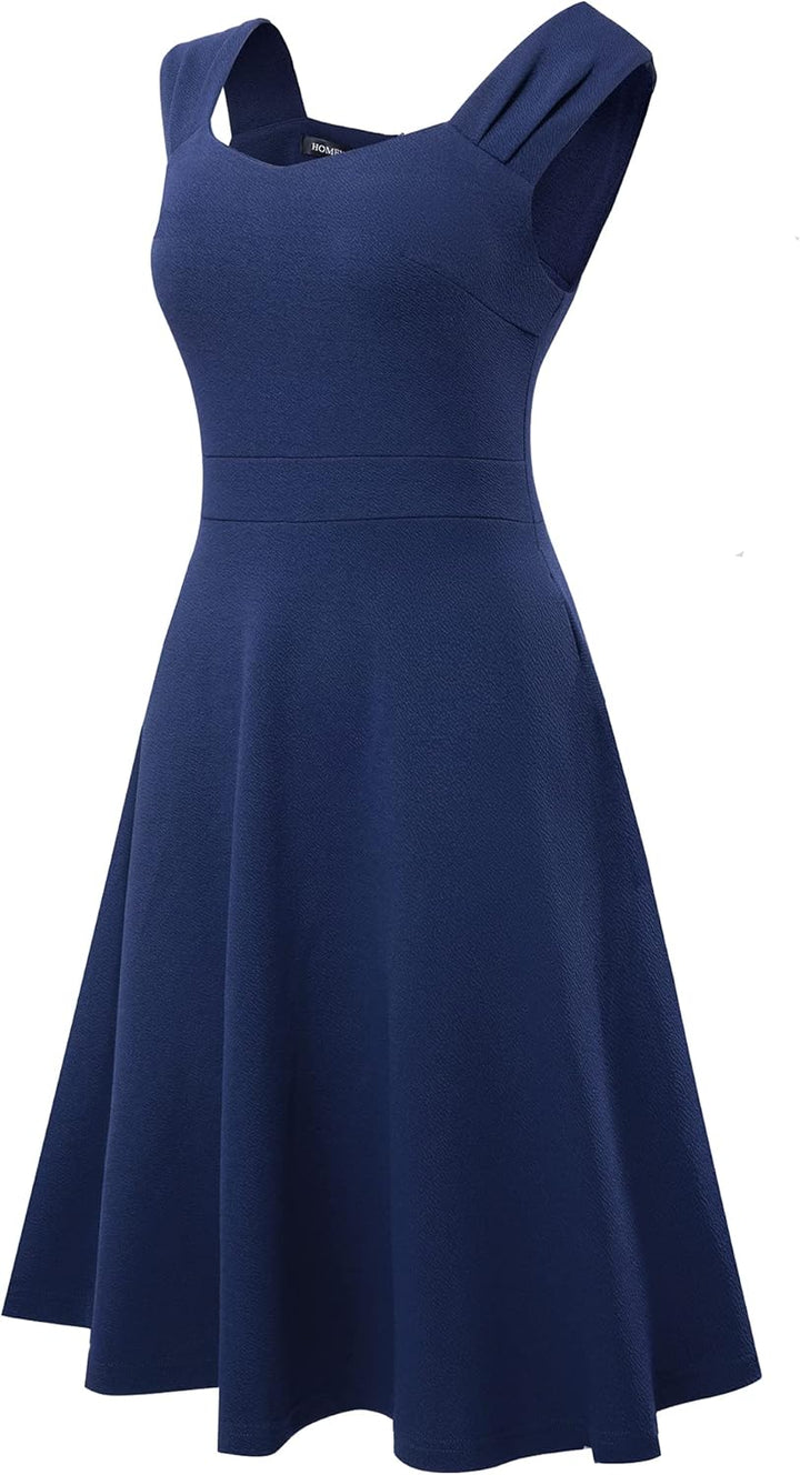 HOMEYEE Damen Vintage V-Ausschnitt Ärmellose Einfarbige Party A-Linie Sommerkleid A246 S Dunkelblau,