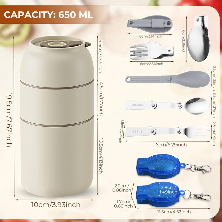 Edelstahl Lunchbox 650ml, Bento Box Edelstahl mit 2 Fächern, Lunchbox mit Besteck, 304 Edelstahl Ess