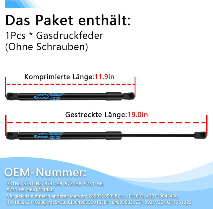 1PC Gasfeder Heckklappe für Citroen C2 2003-2009 Gasdruckdämpfer Heckklappendämpfer 380N Kofferraum