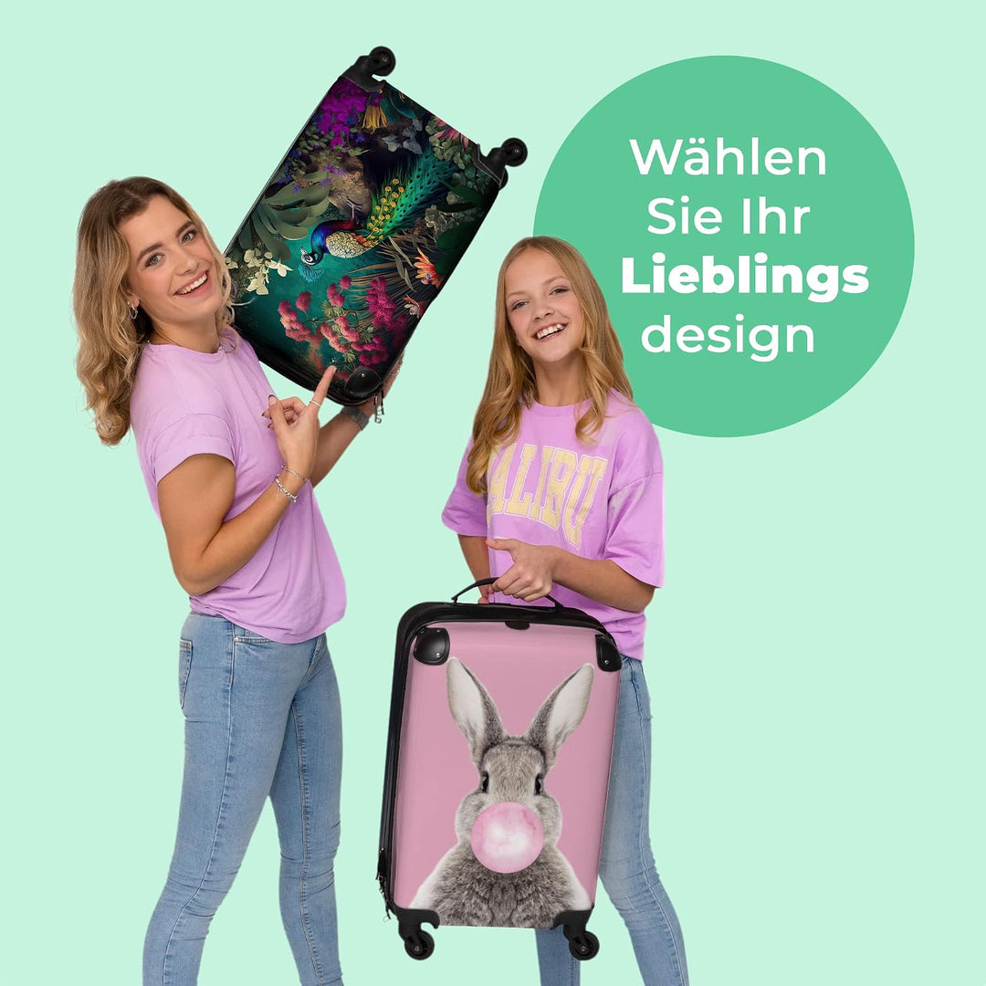 NoBoringSuitcases.com® Koffer Handgepäck Trolley Rollkoffer Kleine Reisekoffer mit 4 Rollen - Pfau -