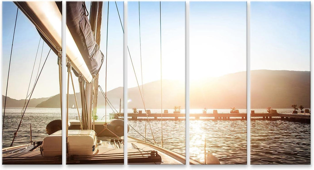 islandburner Bild auf Leinwand Segelboot Auf Dem Meer Mit Steg Bei Sonnenuntergang Bilder Wandbilder