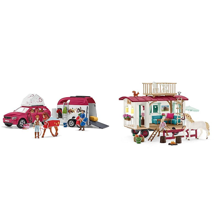 SCHLEICH 42535 Abenteuer mit Auto und Pferdeanhänger, 42593 Wohnwagen geheime Club-Treffen, für Kind