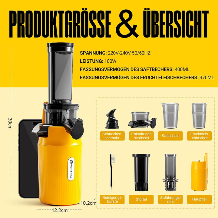 Ventray Ginnie Entsafter | Slow Juicer mit 60 U/min | 45mm Öffnung | Rückwärts Funktion und Zwei Fil