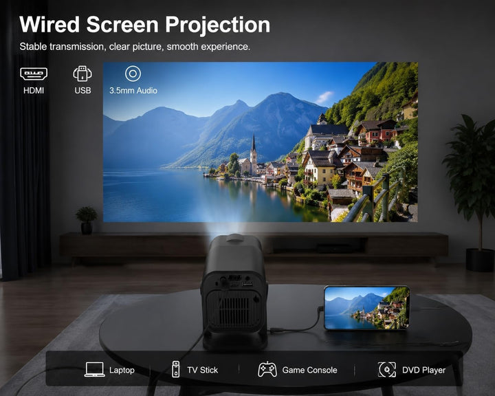 Mini Beamer, Tragbarer HD 1080P Heimkino Projektor mit HDMI-/USB-Kabelverbindung, Manueller Fokus, 1