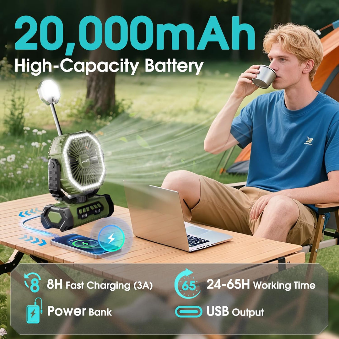 Camping Ventilator 20000mAh, Wiederaufladbarer Tischventilator USB Ventilator mit LED Licht &amp; Haken,
