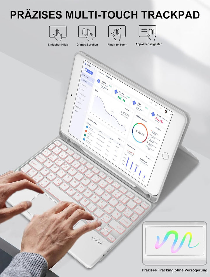 JADEMALL Für iPad 6 9,7"&amp; Air 2 Hülle mit Touchpad &amp; Beleuchtung QWERTZ | Mit 7-Farben Beleuchtung &amp;