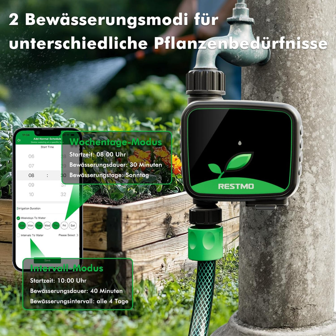 RESTMO WiFi-Bewässerungscomputer, programmierbare Wasserzeitschaltuhr für die Gartenbewässerung, 3 B