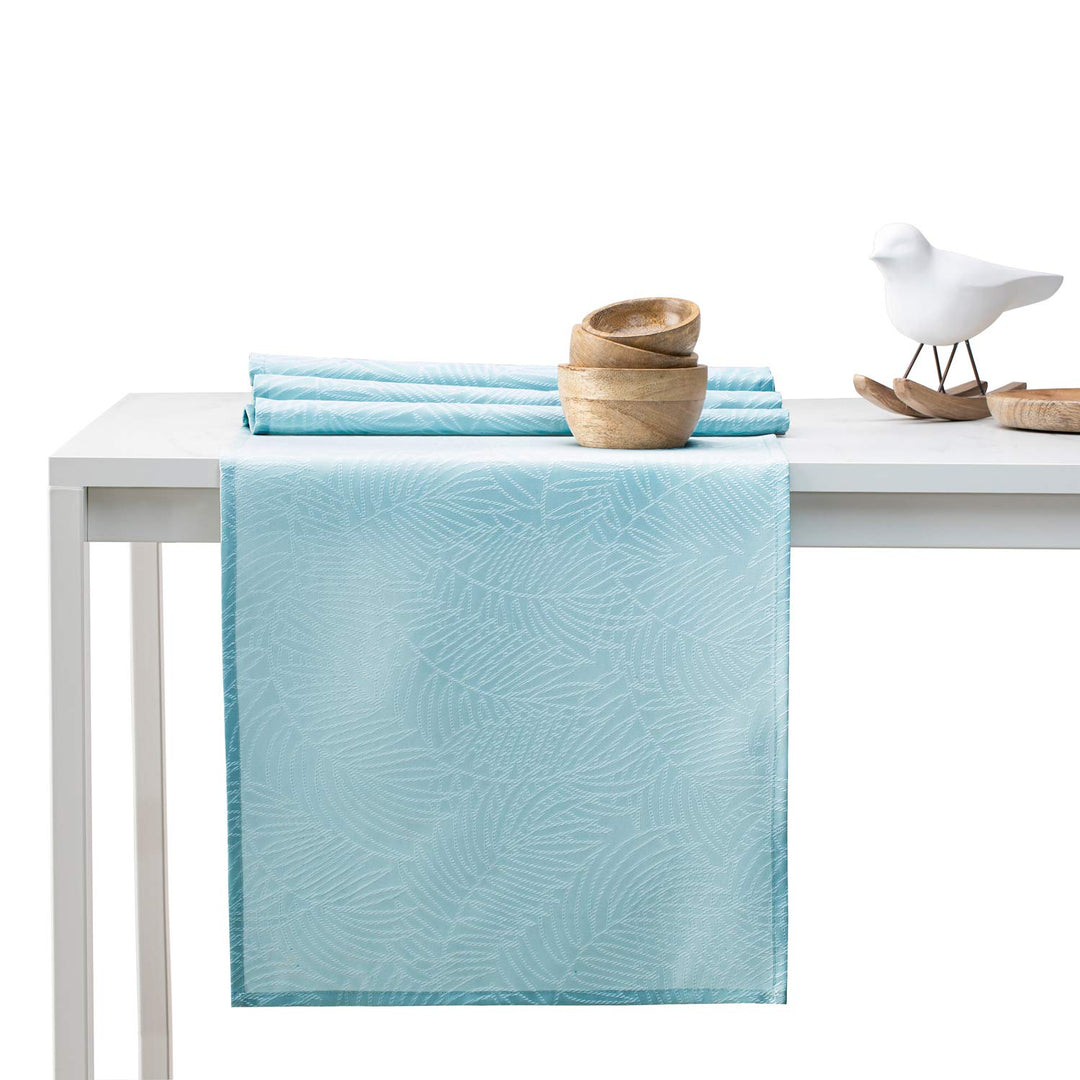 AmeliaHome Tischläufer Set 35x250 cm und 115x250 cm Lotuseffekt Wasserabweisend Blätter Hellblau Gai