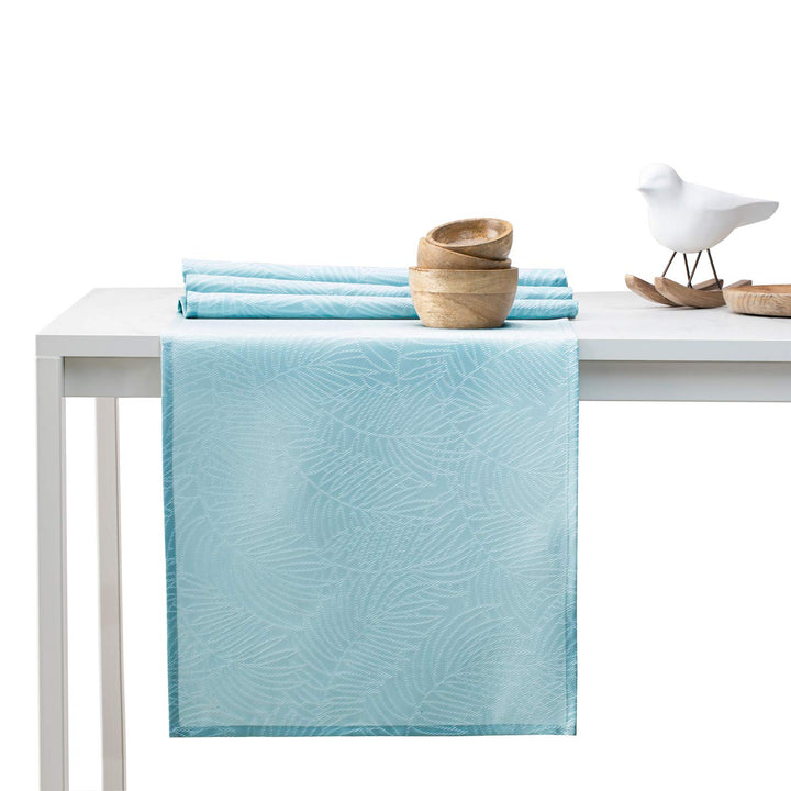 AmeliaHome Tischläufer Set 35x250 cm und 115x250 cm Lotuseffekt Wasserabweisend Blätter Hellblau Gai