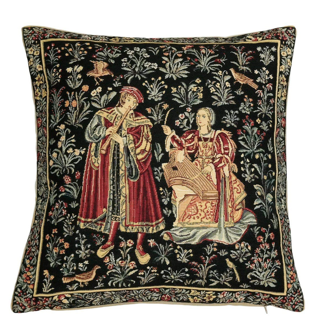 Belgian Tapestrie edle Kissenhülle, Zierkissenhülle 45 X 45 cm, Mittelalter Gobelin Cushion (Musik),