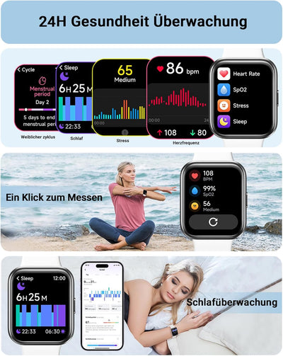 Tensky Smartwatch Damen Herren mit Telefonfunktion 1,8'' Alexa Integriert Fitnessuhr 100 Sportmodi,