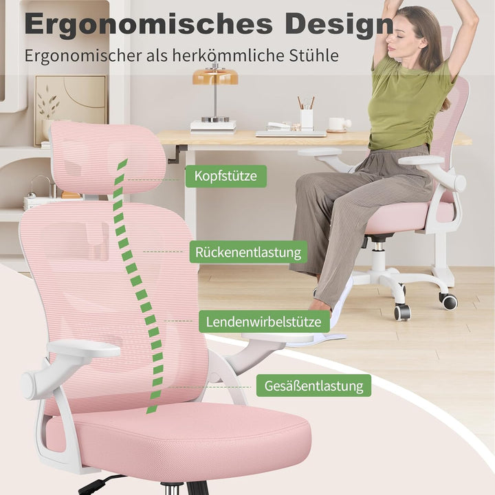 rattantree Bürostuhl Ergonomisch, Schreibtischstuhl mit Hochklappbaren Armlehnen, Kopfstütze und Rüc