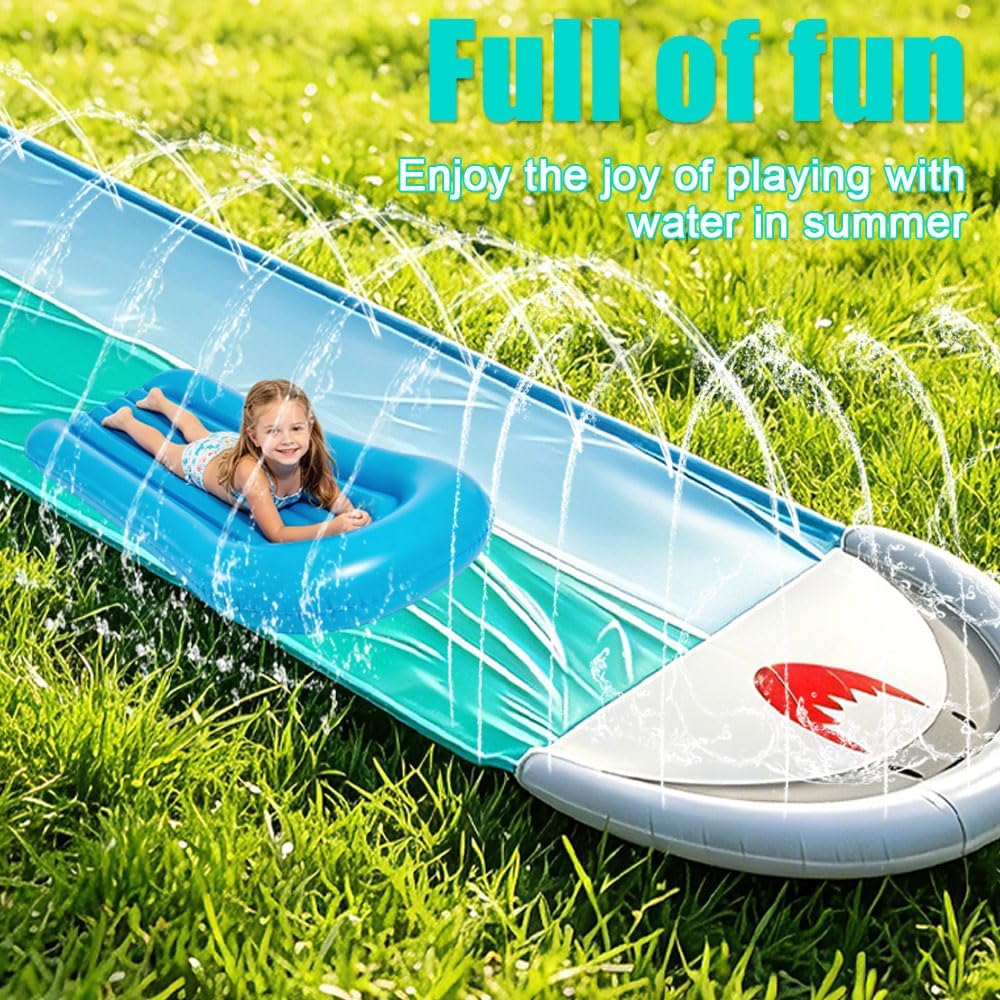 Wasserrutsche Garten, 550x145cm Doppel-Wasserrutsche, Wasserrutschmatte mit Eingebautem Sprinkler, 2