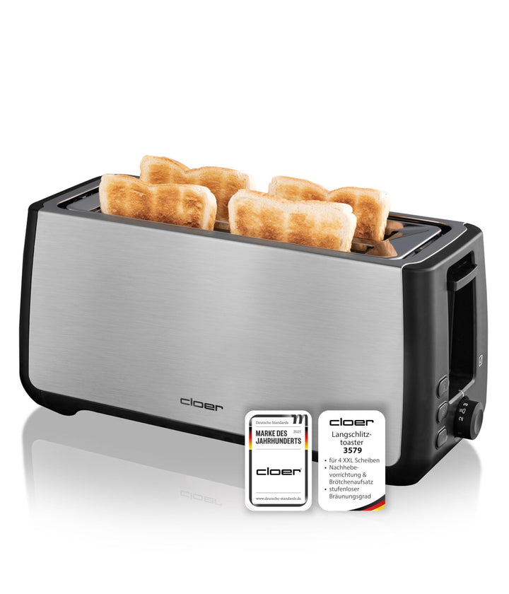 Cloer 3579 King-Size Toaster für 4 XXL Scheiben, Check-Funktion, Edelstahlgehäuse, 1500 Watt, schwar