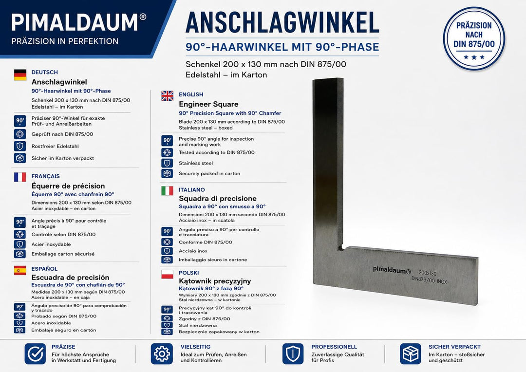 Anschlagwinkel Haarwinkel 90°-Flachwinkel mit 90°-Phase, INOX, für Prüf-, Richt- und Anreissarbeiten