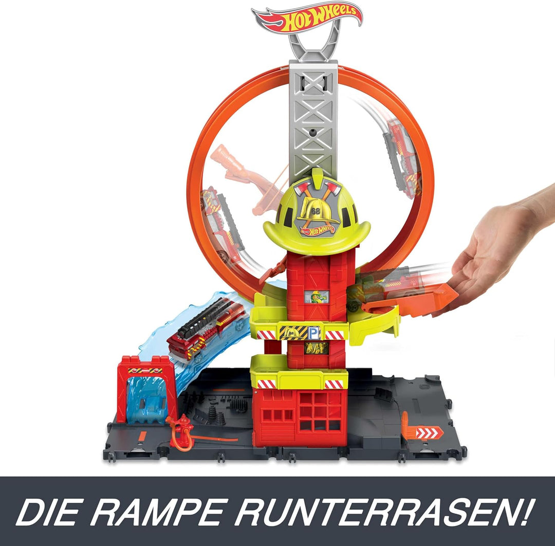 Hot Wheels City Super-Looping Feuerwache - Spielset mit manuellem Aufzug und wasserähnlicher Rampe u