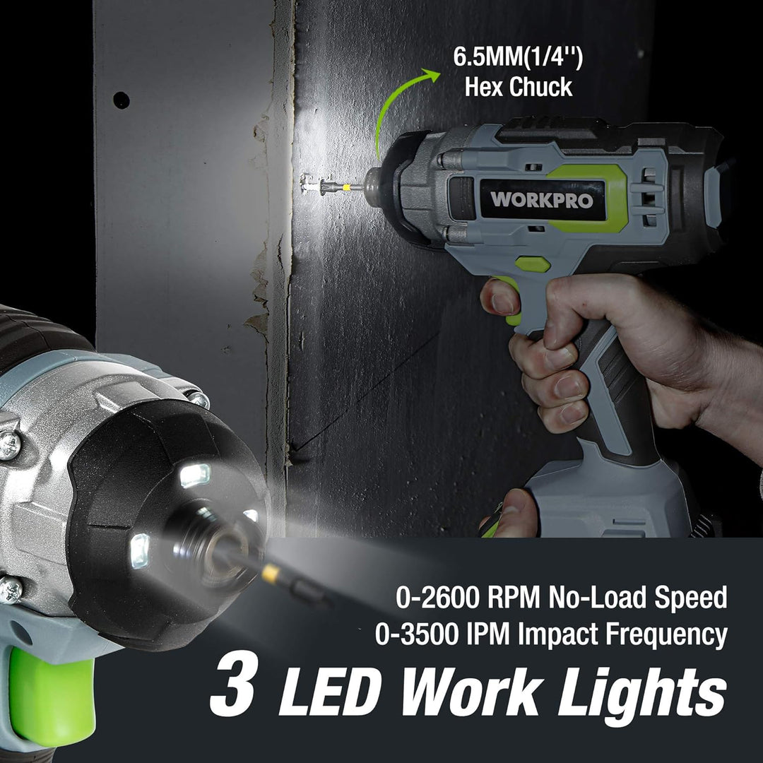 WORKPRO 2tlg. Akkuschrauber Schlagschrauber Set 20V 2,0Ah, 2 Akku und Ladegerät inkl. mit 6tlg. Bohr