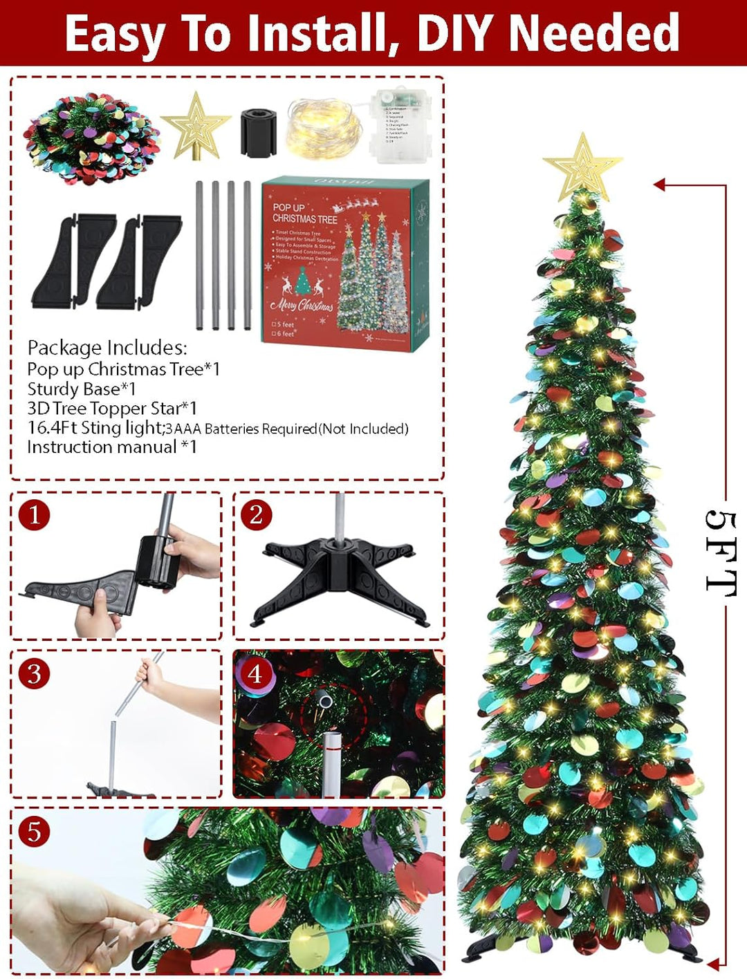 HMASYO 150 cm Pop-Up Lametta Weihnachtsbaum mit 50 Timer-Lichtern, Buntes Grün Zusammenklappbarer Kü