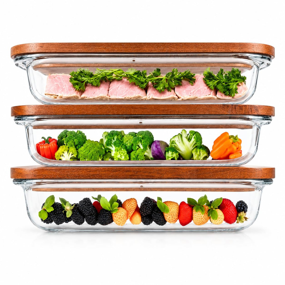 GUTHE Lifestyle 3er Set Aufschnittboxen für Kühlschrank glas, stapelbare Frischhaltedosen mit Akazie