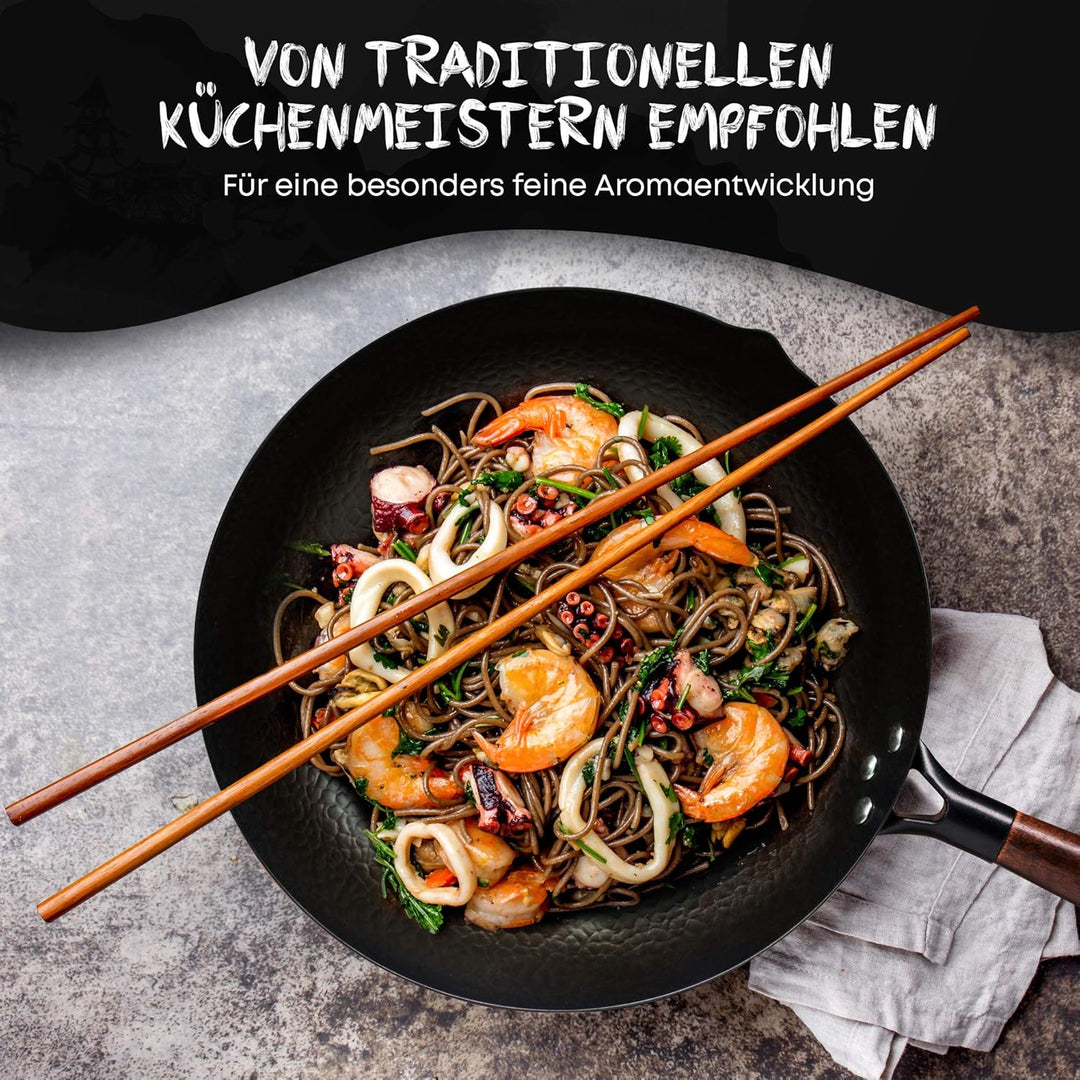 Wokpfanne + Abdeckung für jeden Herd (32 cm gross) handgehämmerte Wok Pfanne aus Karbonstahl mit Hol