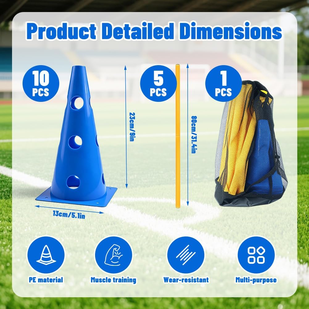 Steckhürden Set für Agility Training, 5 Stück Hindernisse mit 10 Kegel 23cm Höhe und 5 Stangen 80cm