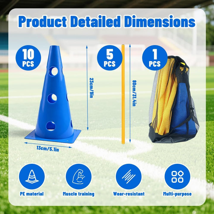 Steckhürden Set für Agility Training, 5 Stück Hindernisse mit 10 Kegel 23cm Höhe und 5 Stangen 80cm