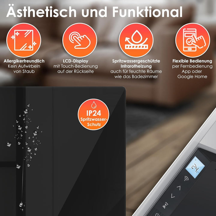 KESSER® Infrarotheizung 600W Glaskonvektor Glasheizung Energiesparend 2in1 Standgerät & Wandmontage