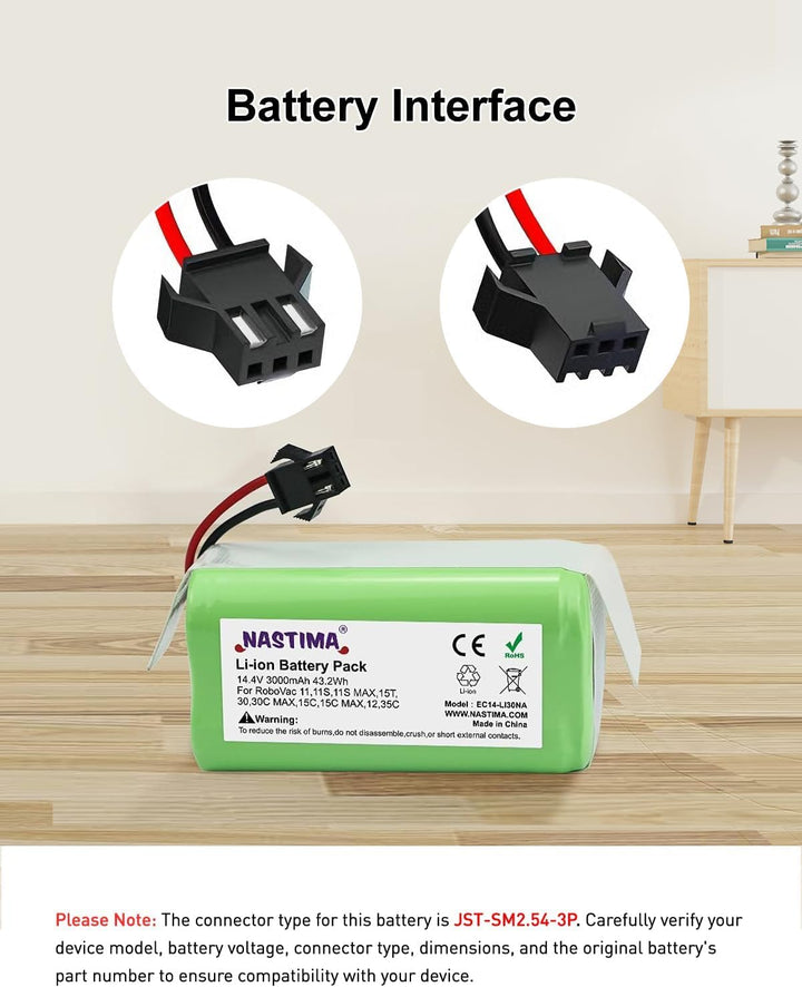 NASTIMA 14.4V 3000mAh Lithium-Ionen-Ersatzakku Kompatibel mit Eufy RoboVac 11 11S 11S MAX 12 15C 15T