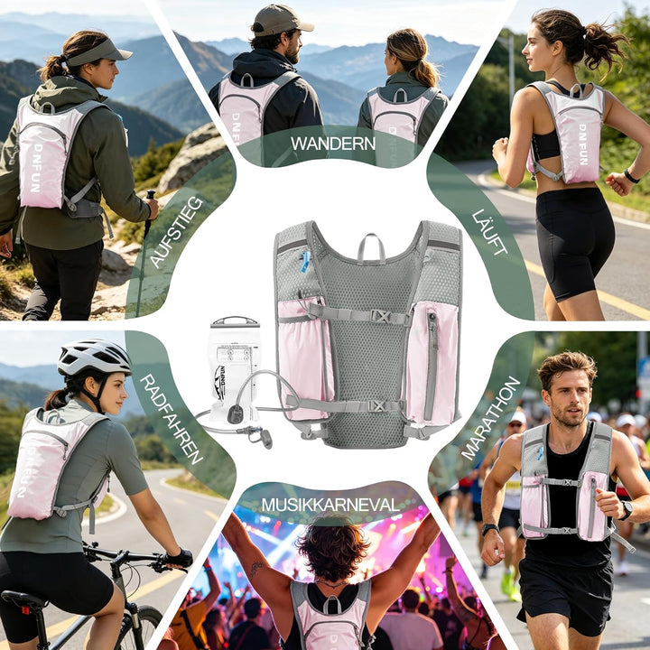 DNFUN Laufweste Damen Herren,verstellbare Trinkweste mit 1.5L Trinkflasche,5L Running Vest Trinkruck