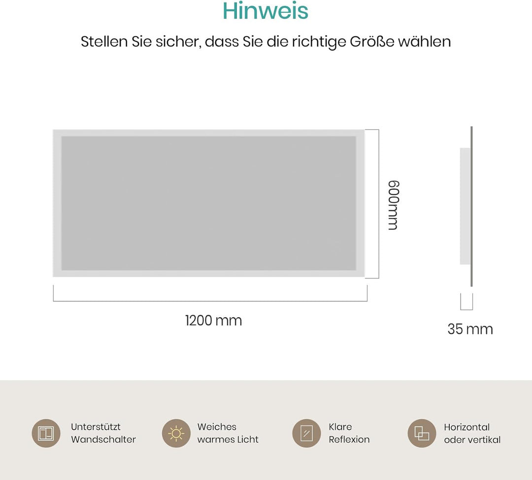 EMKE® Badspiegel mit Beleuchtung 120x60cm LED Wandspiegel 3000K Warmweiss Wandschalter Vertikal/Hori