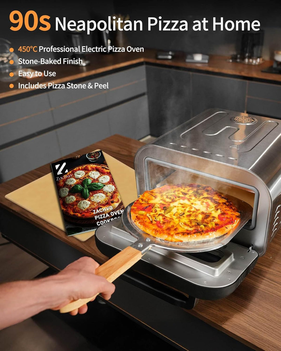 ZACHVO Elektrischer Pizzaofen - bis 450℃, 5 voreingestellte Pizzaarten, 1-60 Min Timer, Touchscreen