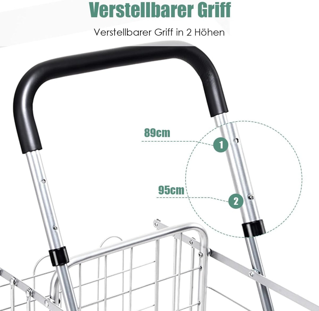 COSTWAY Klappbarer Einkaufstrolley, Einkaufswagen mit Universalrädern & Doppelkorb, 48L+10L, Tragbar