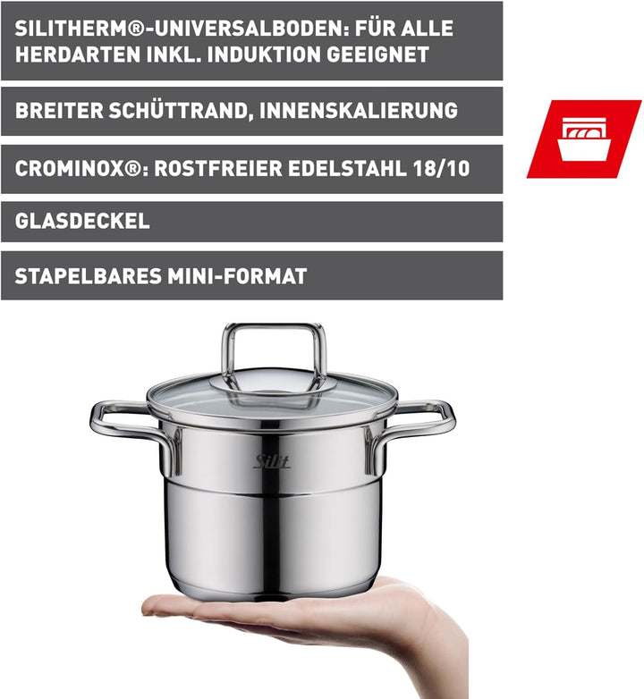 Silit Extra Cook Mini-Fleischtopf 12 cm mit Glasdeckel, Innenskalierung, breiter Schüttrand, qualita