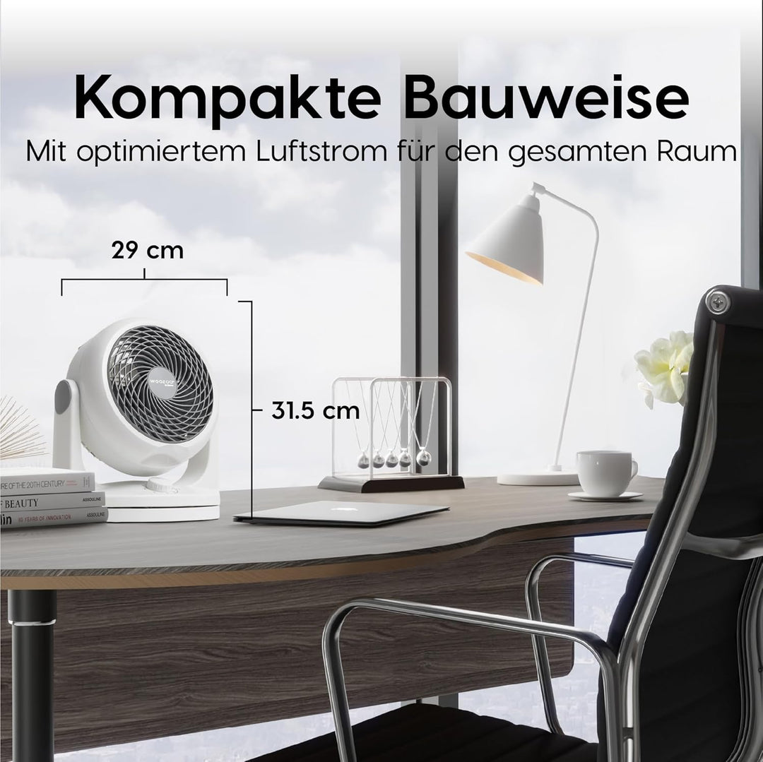 Woozoo, Leiser, leistungsstarker & tragbarer Tischventilator, 23m², Reichweite 12m, Oszillation, Ver