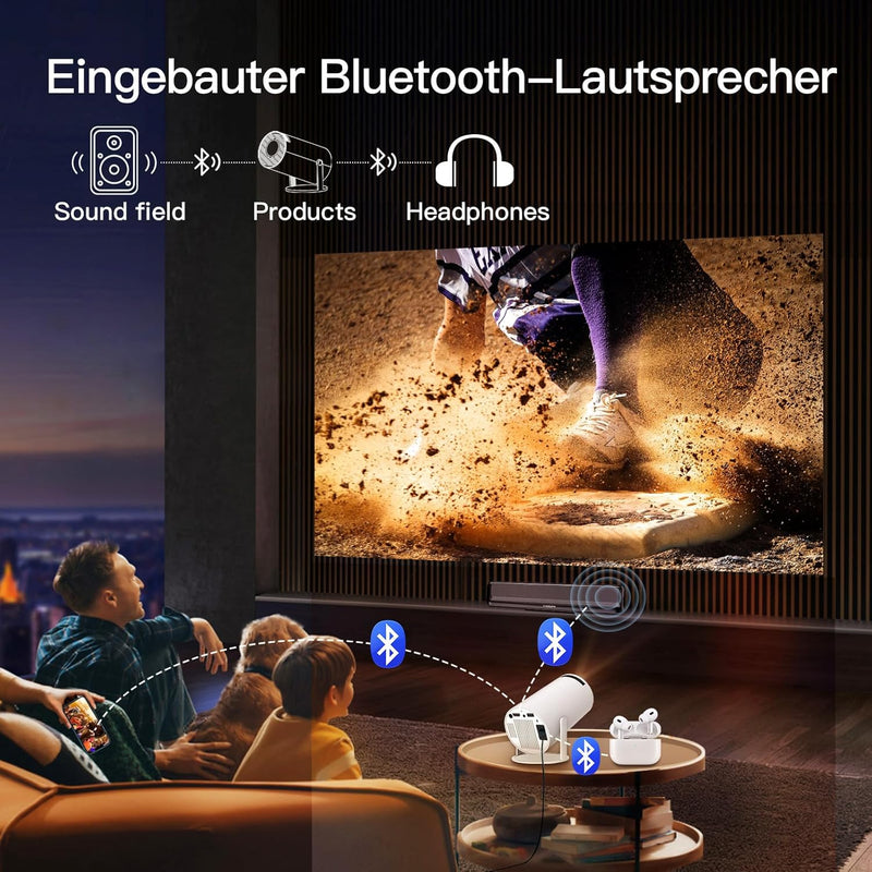 Mini Beamer mit Android TV mit Bluetooth & WiFi 6, Auto Keystone Portable Projektor, 180° Rotation,