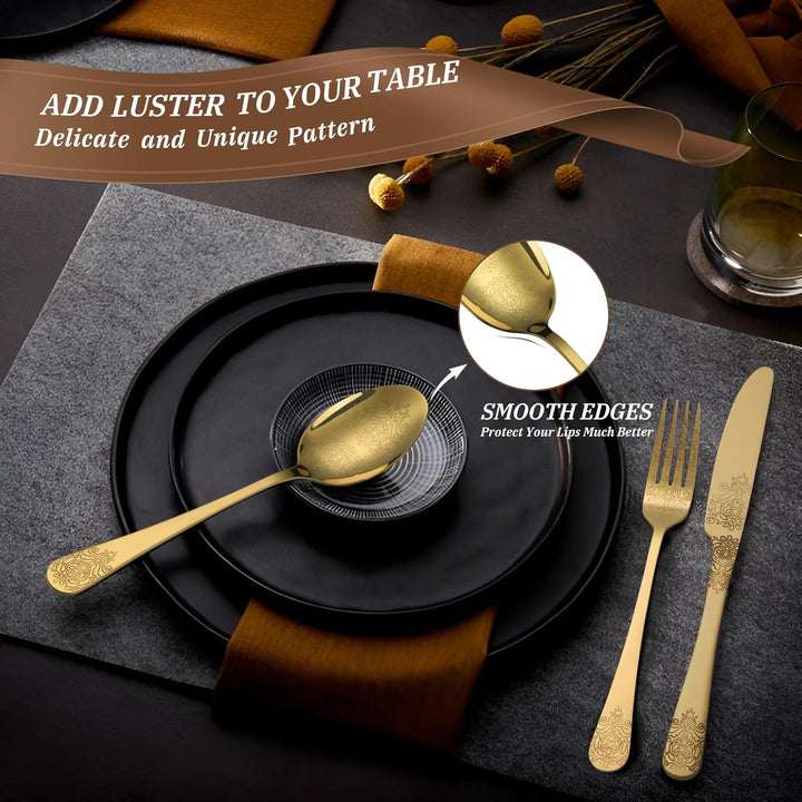 DRAGON RIOT Gold Besteck Set 20-Teilig, Edelstahl Besteckset für 4 Personen, Essbesteck Set mit Mess