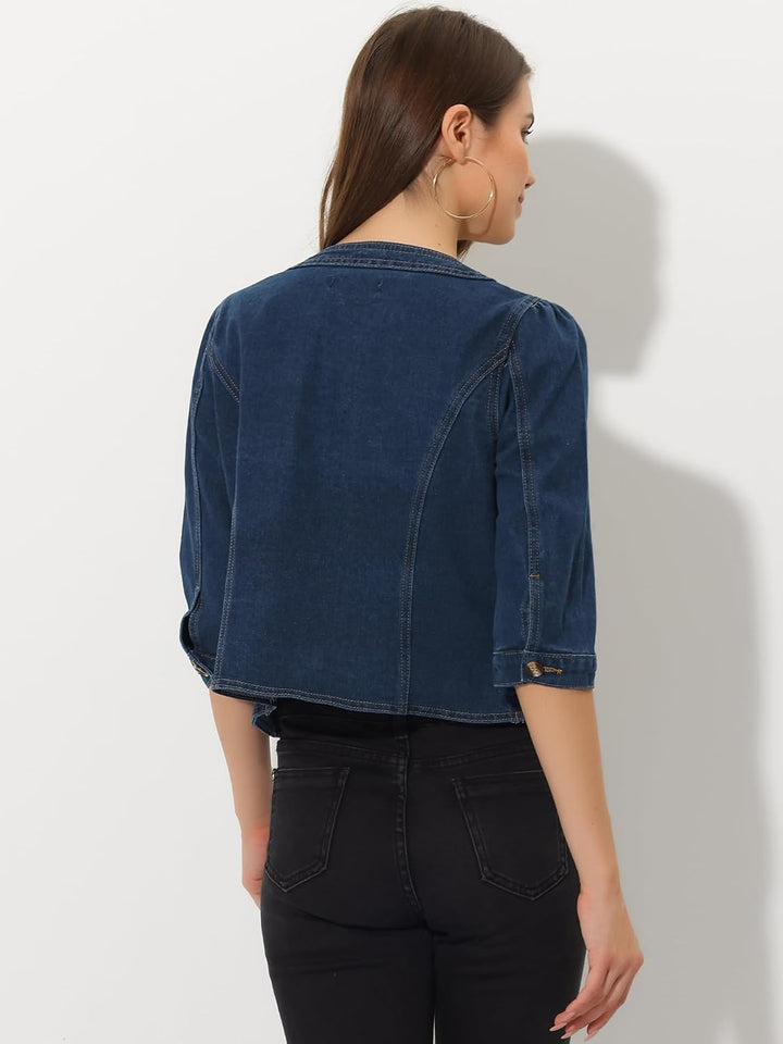 Allegra K Damen Jeansjacke 3/4 Ärmel Open Front Kragenlos Jacke mit Taschen XS Dunkelblau, XS Dunkel